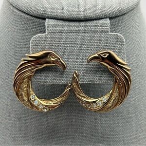 Large Statement Runway Gold Tone Hawk Head Stud Pierced Earrings Rhinestones